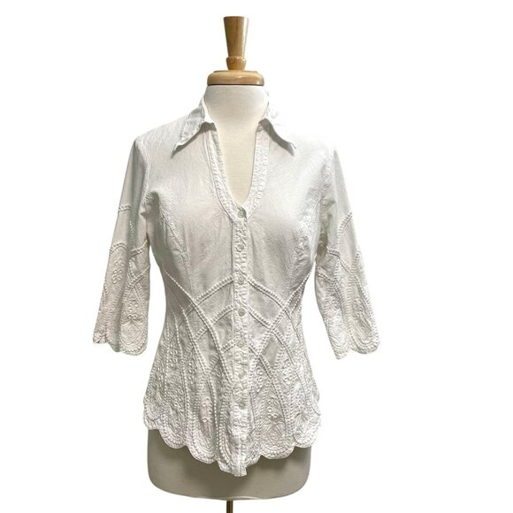 GRETTY ZUEGER Embroidered Corded Scalloped Hem Blouse Top White size Large - Picture 1 of 8